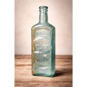 C.I. Hood & Co. Antique 1880s Hood’s Sarsaparilla Aqua Glass Medicine Bottle, 9”